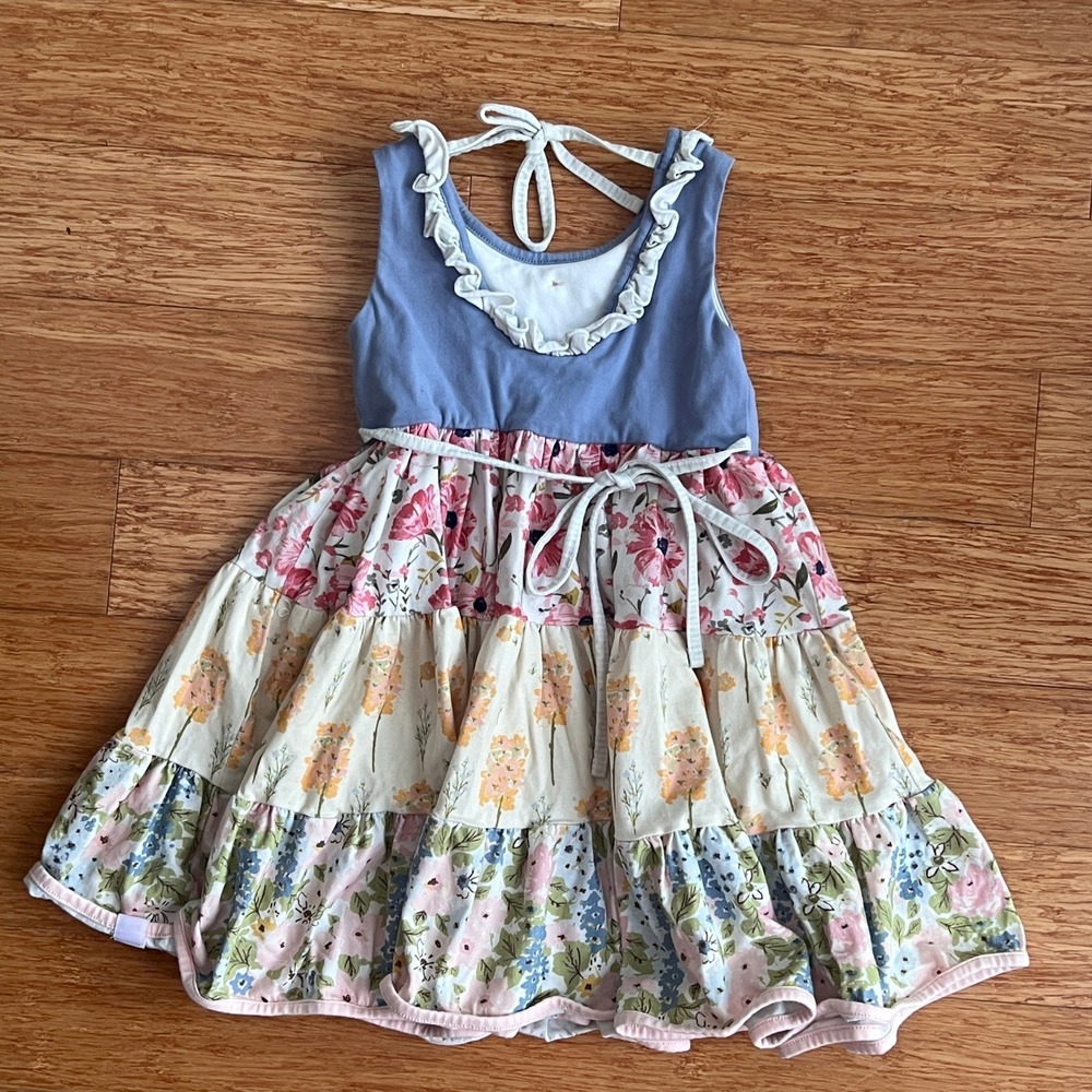 SweetHoney Tiered Floral Dress Girls 5Y Sleeveless Peter Pan Collar Blue Pink - Picture 8 of 13